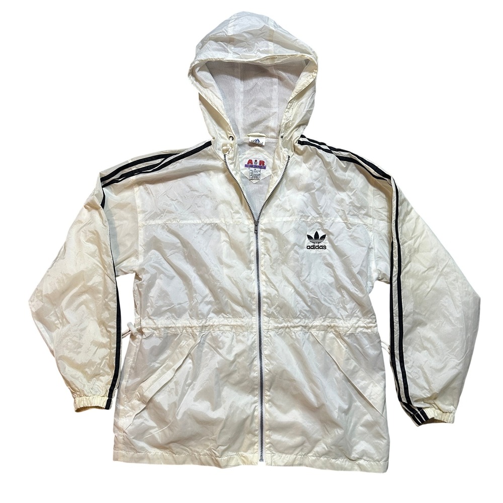 Vintage 90s Adidas Air Gear Windbreaker Hooded Jacket White Black Mens Medium